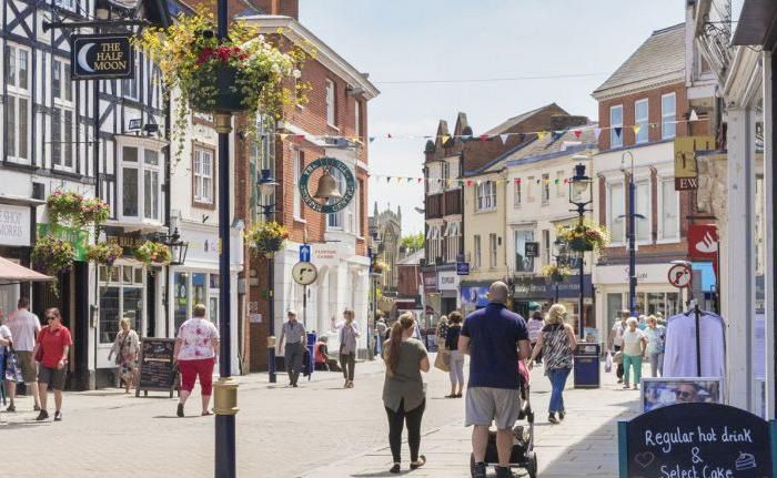 the Melton market town highstreet on a sunny day